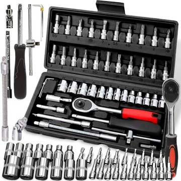 ZESTAW KLUCZY NASADOWYCH BITÓW GRZECHOTKA ADAPTERY KLUCZE NASADOWE 46 SZTUK