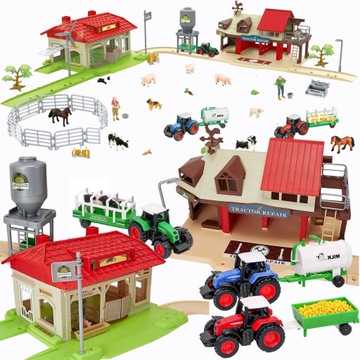 Mega Farma Gospodarstwo STODOŁA OBORA FGURKI ZWIERZĘTA SILOS + 3 TRAKTORY