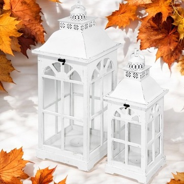 2 szt Dekoracyjny Lampion zestaw Białe Drewniane Latarnie Świecznik duży