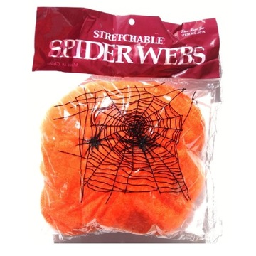 Pajęczyna Halloween sztuczna pomarańczowa dekoracje ozdoby 2 pająki 60g