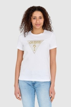 GUESS - Biały t-shirt ze złotymi cyrkoniami S