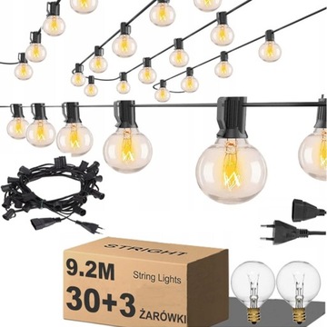 GIRLANDA OGRODOWA LAMPKI ZEWNĘTRZNA ŁAŃCUCH ŚWIETLNY 9,2M KULE 30+3 ŻARÓWKI