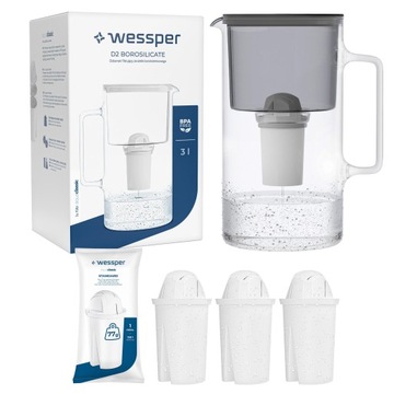 Dzbanek filtrujący szklany Wessper 3l Czarny + 4x Filtr aquaclassic 77g