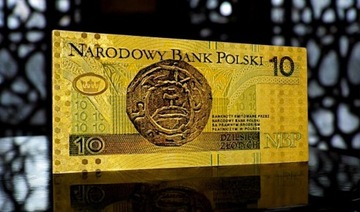 Красивая позолоченная коллекционная банкнота из ПВХ номиналом 10 злотых Mieszko I в ПОДАРОК