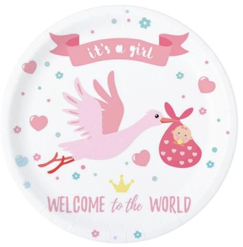 TALERZYKI NA BABY SHOWER ITS A GIRL BOCIAN 6 SZTUK