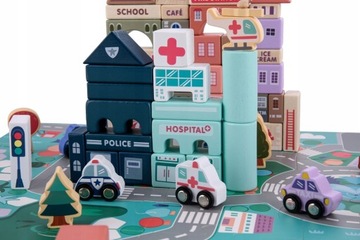 ДЕРЕВЯННЫЕ БЛОКИ CITY CARS 136 ЭЛЕМЕНТОВ КОВРИК