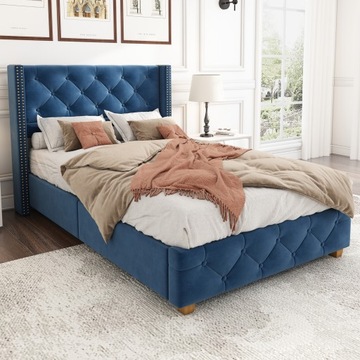 Односпальная кровать с мягкой обивкой 90х200см, бархат, синий