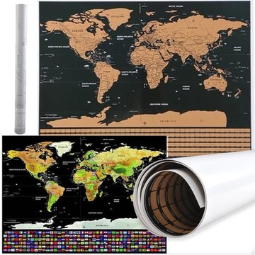 MAPA ŚWIATA ZDRAPKA Z FLAGAM ZŁOTA PLAKAT TUBA FLAGI DUŻA