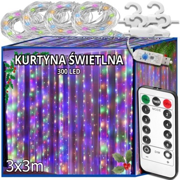 KURTYNA ŚWIETLNA 300 LED KOLOR 3x3 USB ŚWIĄTECZNE CHOINKOWE GIRLANDA PILOT