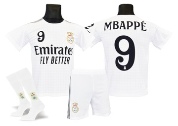 MBAPPE REAL strój koszulka spodenki + getry BIAŁY rozmiar 128