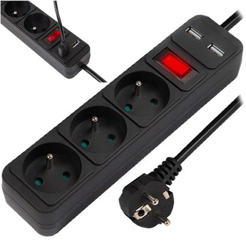 PRZEDŁUŻACZ LISTWA ZASILAJĄCA WŁĄCZNIK 3 GNIAZDA 5M ŁADOWARKA 2xUSB 2.1A