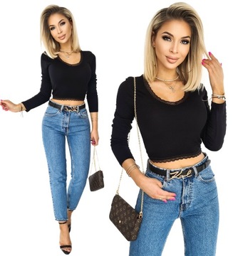 Romantyczna PRĄŻKOWANA BLUZKA Crop Top KORONKA L