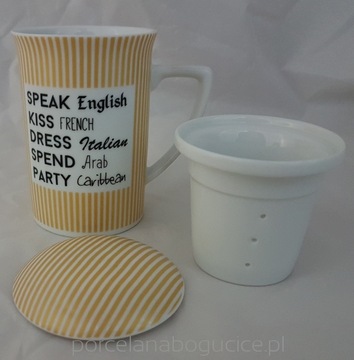Kubek z zaparzaczem z porcelany 250 ml SPEAK ENGLISH porcelanowe sitko 26
