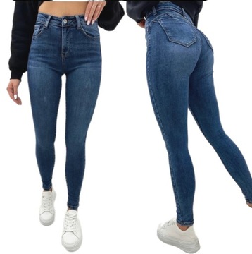 ELEGANCKIE SPODNIE DAMSKIE ELASTYCZNE JEANSY NIEBIESKIE RURKI PUSH UP XS