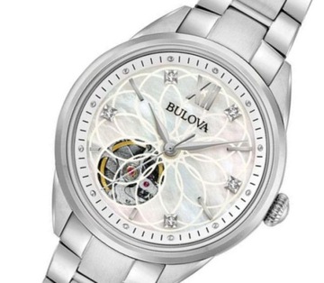 ZEGAREK DAMSKI BULOVA DIAMOND AUTOMATIC 96P181 OPEN HEART + BOX