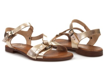 Złote sandały damskie Lemar płaskie Skórzane rzymianki Komfortowe sandałki