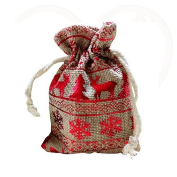 Woreczek jutowy CZERWONY choinki renifery metalik 10x13cm juta prezent