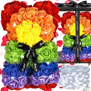 МЕДВЕДЬ С РОЗАМИ 30 СМ РОЗА МИШКА С ЛЕТЕСТЯМИ РОЗ БАНТ ПОДАРОЧНАЯ КОРОБКА+20LED