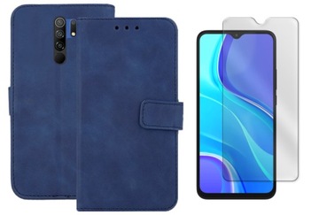 Etui z klapką do XIAOMI REDMI 9 niebieski skórzane skin case + szybka 9H