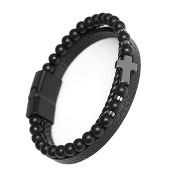 МУЖСКОЙ КОЖАНЫЙ БРАСЛЕТ С КРЕСТОВЫМИ БУСИНАМИ, СТАЛЬ 316L