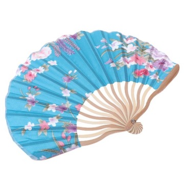 Hand Held Floral Fan Women Silk Fabric Blue