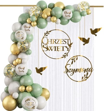 Balony KURTYNA ścianka boho kiwi łuk zestaw dekoracji listki CHRZEST + IMIĘ
