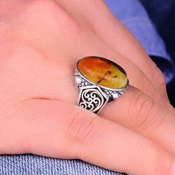 925K Natural Amber Men's Silver Ring Turkish Artisanal Ring