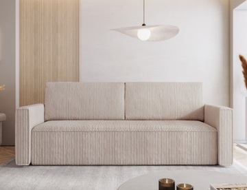 Sofa z funkcją spania Mimir w tkaninie sztruks z ozdobnymi lamówkami