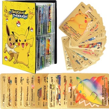 55Szt Pokemon Folia Złota kart Różne+Pikachu Album