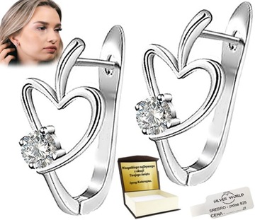 KOLCZYKI SREBRNE 925 WISZĄCE SERCA Cyrkonie SWAROVSKI + GRAWER SREBRO 925