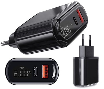 Szybka Ładowarka zasilacz 2XUSB 20W LED AMPEROMIERZ / WOLTOMIERZ QC3.0+PD3
