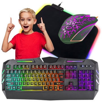 KLAWIATURA GAMINGOWA PODŚWIETLANA ZESTAW MYSZ GIER MATA LED RGB POD MYSZKĘ