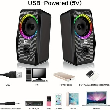 Игровые колонки с динамической RGB-подсветкой — высококачественный звук и подсветка — компактные, 10 Вт U