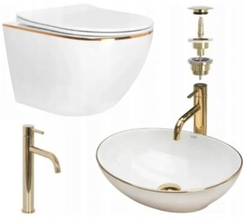 Misa WC Carlo + Umywalka Nablatowa Sofia Rea Gold Edge + Korek + Bateria