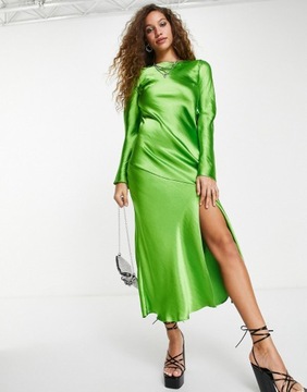 Topshop Zielona satynowa sukienka rozcięcie XS