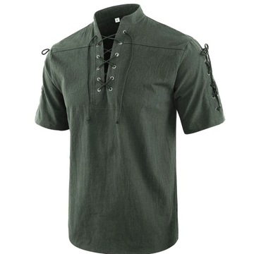 Bawełniana koszula męska ze stójką modna elegancka wygodna wiązana zielona