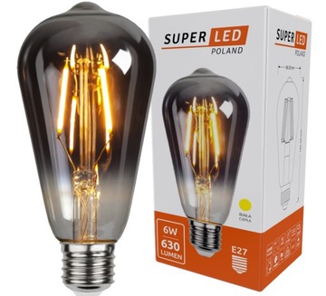 Żarówka LED E27 Filament 6W Edison Ozdobna ST64