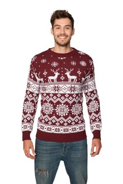 Sweter świąteczny norweski w renifery - bordowy L