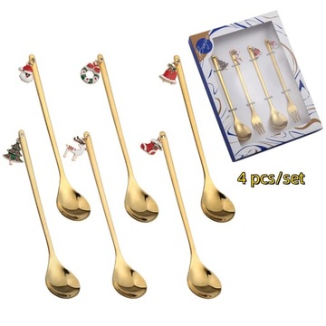 Набор рождественских ложек и вилок из 4 предметов, посуда из нержавеющей стали для рождественской елки с изображением лося