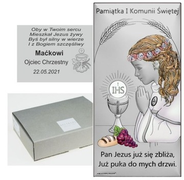 SREBRNY OBRAZEK KOMUNIA DZIEWCZYNKA KOLOROWA GRAWE