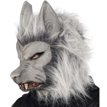 Maska WILKOŁAK szara lateksowa Z FUTREM horror