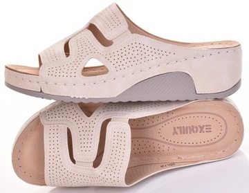 ORTOPEDYCZNE KLAPKI DAMSKIE SZYTE SKÓRZANE NA PIANCE LEKKIE BEŻOWE