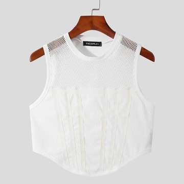 Men Tank Tops Mesh Patchwork 2023 Round Neck Sleev