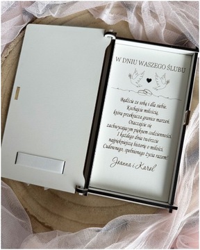 Pudełko na pieniądze Pamiątka ŚLUB WESELE drewniane życzenia PREZENT GRAWER