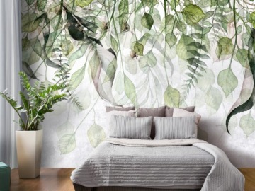 ФОТОобои БЕТОННЫЕ ЗЕЛЕНЫЕ ЛИСТЬЯ ВИСЯЩИЕ ТРОПИКИ НА СТЕНУ СПАЛЬНИ 400х280