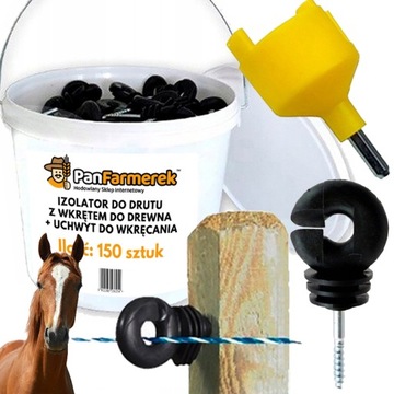 Izolator do drutu z wkrętem do drewna 150 szt + uchwyt do wkręcania 1szt