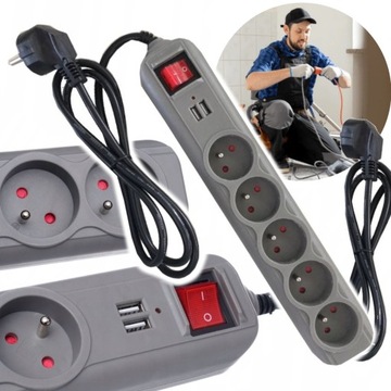 PRZEDŁUŻACZ 1,5M LISTWA 2XUSB + 5X230V + WŁĄCZNIK