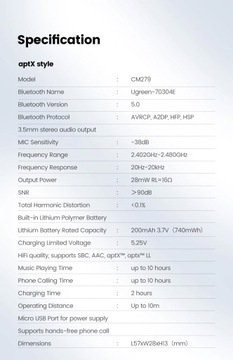 АДАПТЕР AUX BLUETOOTH 5.0 UGREEN Qualcomm aptX LL