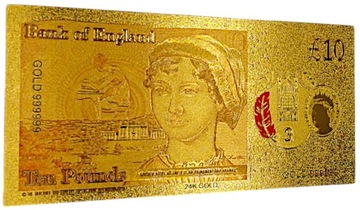 10 FUNTÓW BRYTYJSKICH Królowa Elżbieta II Pozłacany Banknot Kolekcjonerski