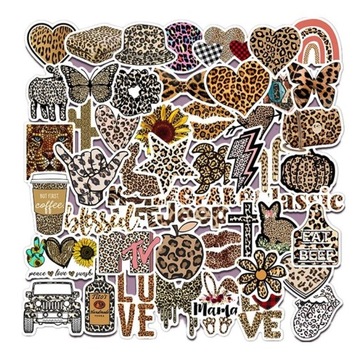 UROCZE NAKLEJKI MIX CĘTKI LEOPARDA WLEPKI WODOODPORNE OZDOBNE 50 szt